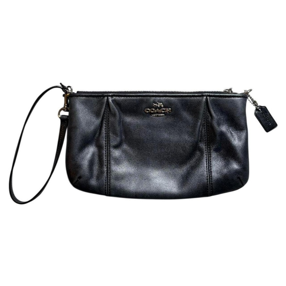 Coach Wristlet Clutch Women Small Black Excellent F52153 Leather Pleated Gold